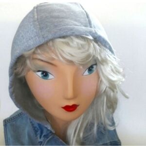 Faded Blue Denim Vest NWT Hooded Distressed Size Small Gray Detachable Hood